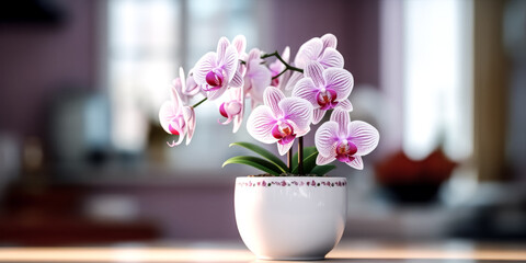 A pink orchid in a white flowerpot was captured in a clear and perfect image - generative ai.