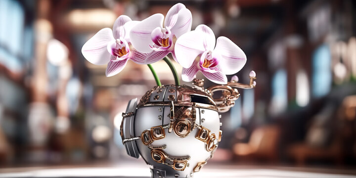 An orchid in a white flowerpot was captured in a perfect, full image - generative ai.