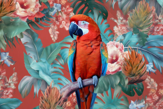 Tropical wallpaper pattern with parrot in tropical plants, generative ai