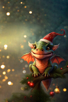 A cute dragon sitting on the christmas tree. generative ai