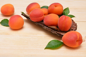 ripe apricots with leaves on a light background close-up