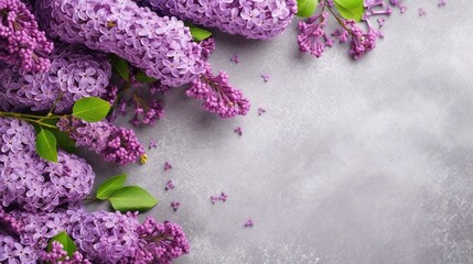 Bouquet of lilac flowers on grey background. Valentine's Day, Easter, Birthday, Happy Women's Day, Mother's Day. Top view, copy space. AI generated