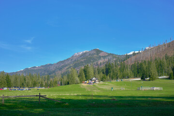 Panorama of snowy Tatra mountains in spring, south Poland