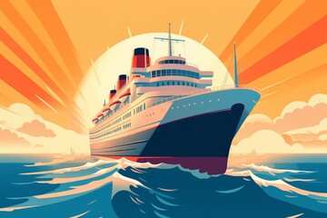 Cruise Ship out on the ocean, vector, retro aesthetic, illustration