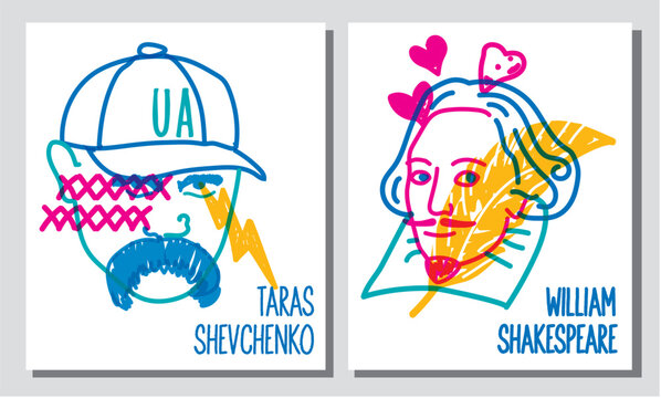 Line illustration of famous people, william Shakespeare, Taras Shevchenko
