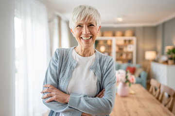 Close up portrait of one senior woman with short hair happy smile