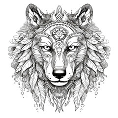 creative portrait wolf similar in tattoostyle with Indian patterns in the design included in the calculation in black and white