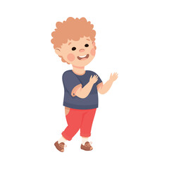 Happy cute little boy in casual outfit gesturing with his hands vector illustration