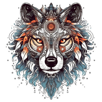 creative portrait wolf similar in tattoostyle with Indian patterns in the design included in the calculation with colors