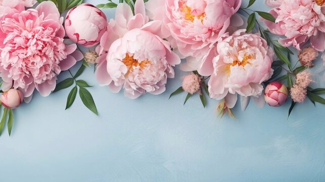 Bouquet of pink piony flowers on blue background. Valentine's Day, Easter, Birthday, Happy Women's Day, Mother's Day. Top view, copy space