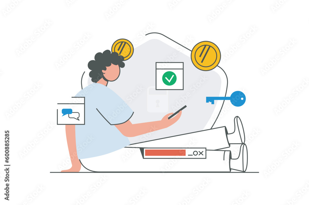 Fototapete secure payment outline web concept with character scene. man makes online payment using mobile bank 