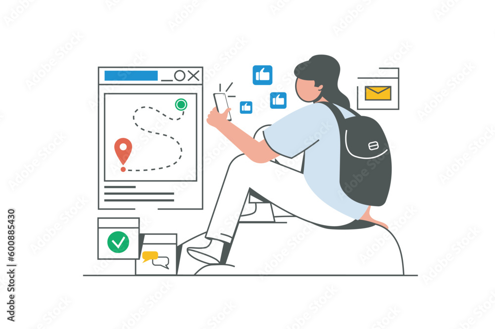 Poster traveling outline web concept with character scene. woman with backpack tracking route in mobile app