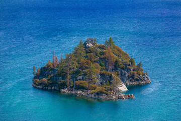 Isolated view of Tea House on Fannette Island in Emerald Bay Lake Tahoe from the West side of...