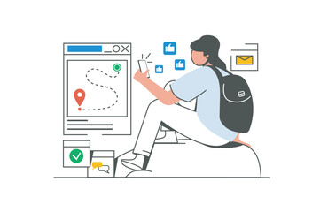 Traveling outline web concept with character scene. Woman with backpack tracking route in mobile app. People situation in flat line design. Vector illustration for social media marketing material.