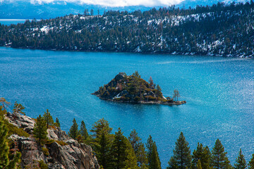 View of Tea House on Fannette Island in Emerald Bay Lake Tahoe from the North side of Emerald Bay 