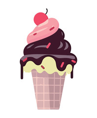 Cute cartoon cupcake with strawberry