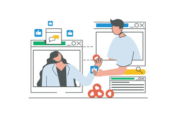 Video chatting outline web concept with character scene. Woman and man connecting via video call screens. People situation in flat line design. Vector illustration for social media marketing material.