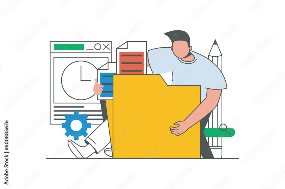 Poster content manager outline web concept with character scene. man creating content, making new posts in 