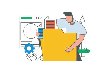 Content manager outline web concept with character scene. Man creating content, making new posts in blog. People situation in flat line design. Vector illustration for social media marketing material.