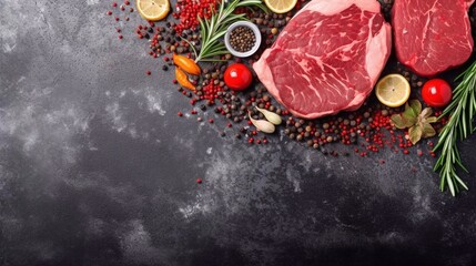 Raw steak with spices and herbs on a slate. Raw steaks on a dark shale back with copy paste. AI generated
