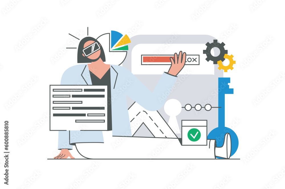 Leinwandbilder cyberspace outline web concept with character scene. woman in vr headset working with data at screen