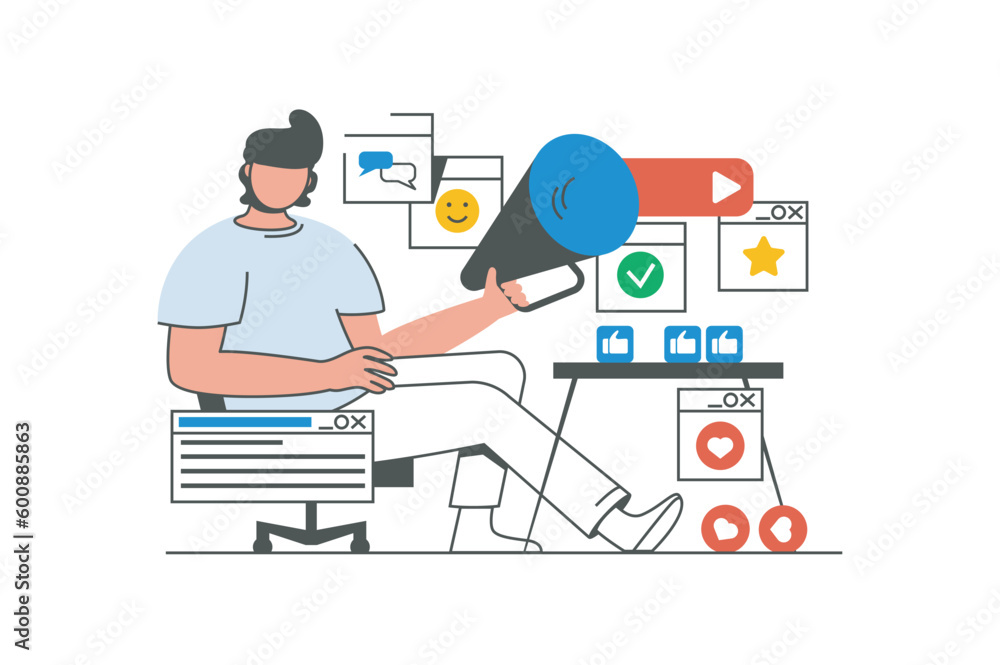 Poster digital marketing outline web concept with character scene. man with megaphone promoting business on