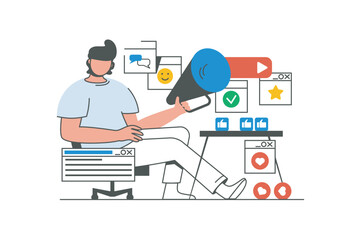 Digital marketing outline web concept with character scene. Man with megaphone promoting business online. People situation in flat line design. Vector illustration for social media marketing material.