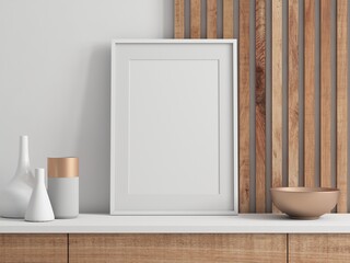 White vertical Poster Art Frame Mockup with passepartout in room, 3d rendering
