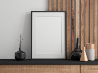 Black vertical Poster Art Frame Mockup with passepartout with wooden wall, 3d rendering