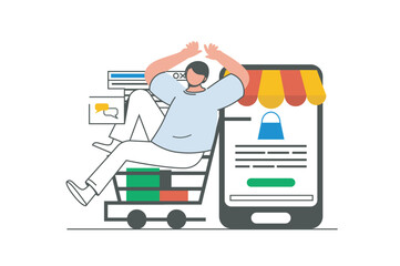 Mobile commerce outline web concept with character scene. Man making online purchases, ordering in app. People situation in flat line design. Vector illustration for social media marketing material.