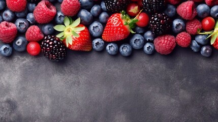 Fresh ripe berries mix. Tasty fruits background with copy paste. AI generated
