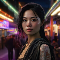 Fototapeta na wymiar Beautiful asian woman standing on a busy city street with iridescent neon lights, Generative AI portrait