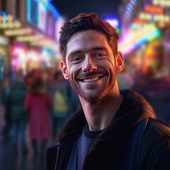 Handsome man standing on a busy city street with iridescent neon lights, Generative AI portrait