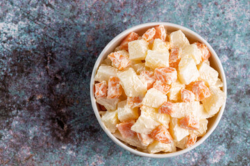 Olivier salad, potato salad, carrots and mayonnaise.
