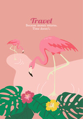 Naklejka premium Flamingos in tropical leaves art on the pink background.
