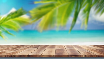 Empty wooden table for product display and background of a beach, copy space, Generative AI