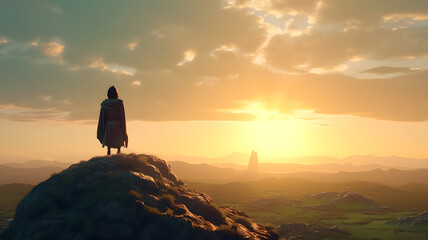 A lonely Jedi looks into the distance against the backdrop of a sunset, ocean, sunset, meditation