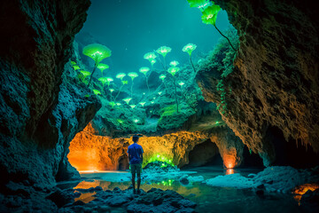 a man standing in the middle of a cave