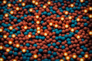 a bunch of blue and red balls with glowing lights on them