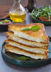 Sliced fried sandwich with melted mozzarella on a plate served with tomato dipping sauce and...