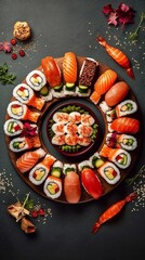 Selicious Sushi rolls set with rice and fish, soy sauce on a dark stone background. Top view, copy paste space. AI generated