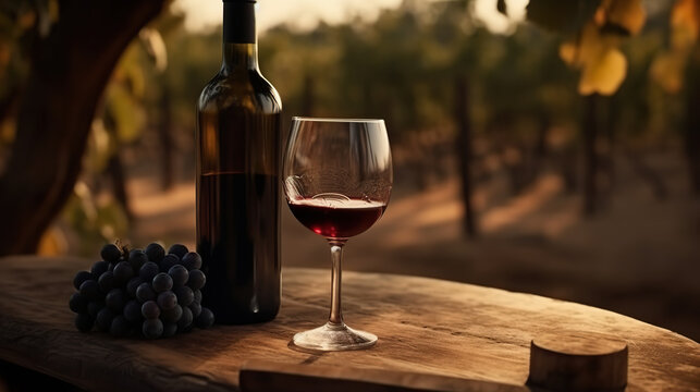 Close-up of tasty red wine in glass and bottle. Bottle of wine and a glass of wine on a wooden table. Wine on the table in vineyard landscape. Generative AI