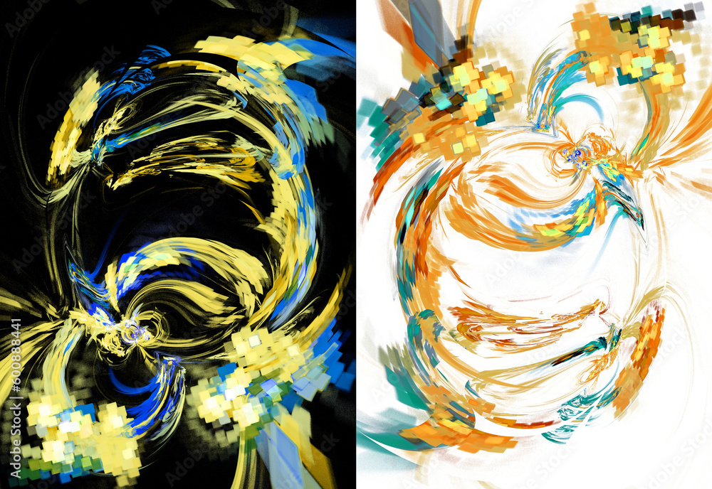 Aufkleber swirls of yellow and blue lines and squares on black and white backgrounds. set of abstract fractal 