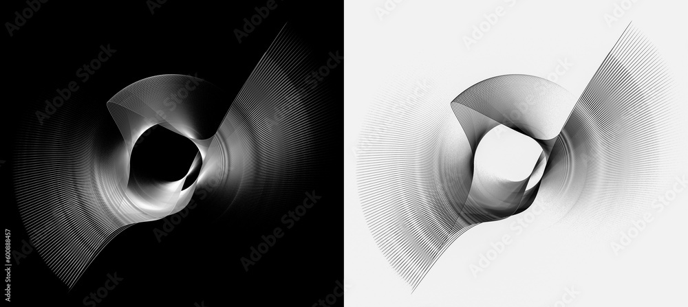 Poster monochrome abstract propellers rotate on black and white backgrounds. set of abstract graphic elemen