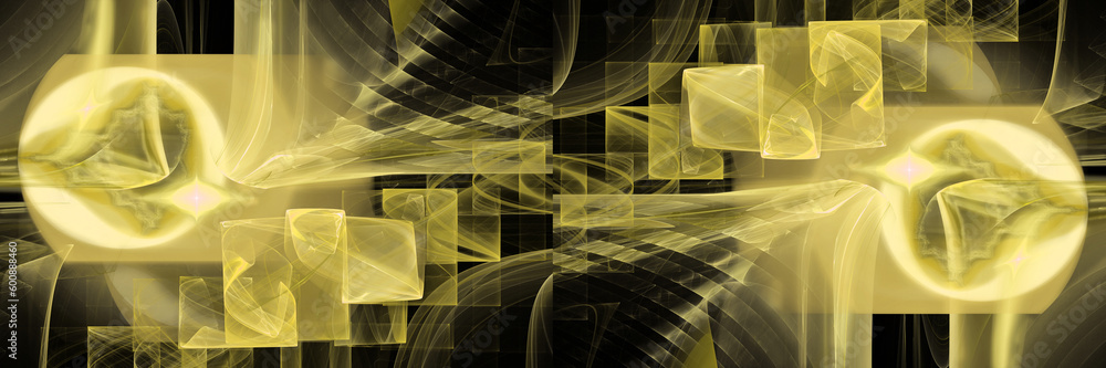 Aufkleber yellow airy geometric elements create a pattern on a black background. abstract fractal background. 
