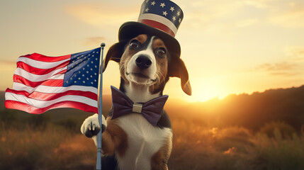 Generative AI illustration. Funny dog holding USA flag at sanset. Happy 4th Of July Independence Day card - obrazy, fototapety, plakaty