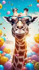 generative ai illustration of a funny giraffe portrait with glasses and a lot of colorful party balloons