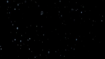 Flying binary numbers loop motion on black background.