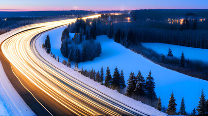 traffic on highway at evening in winter time