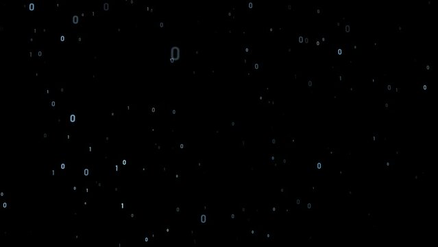Flying binary numbers loop motion on black background.